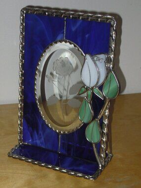Vintage Stained Glass Stand Alone Suncatcher Tabletop Art Etched Rose Flower 3D
